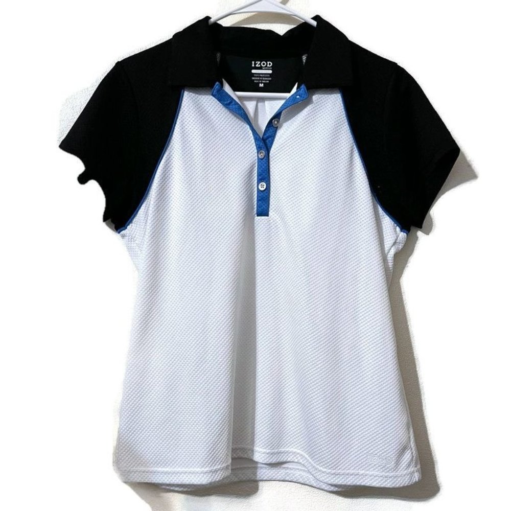 Izod women's golf polo short sleeves, white with navy blue, size M